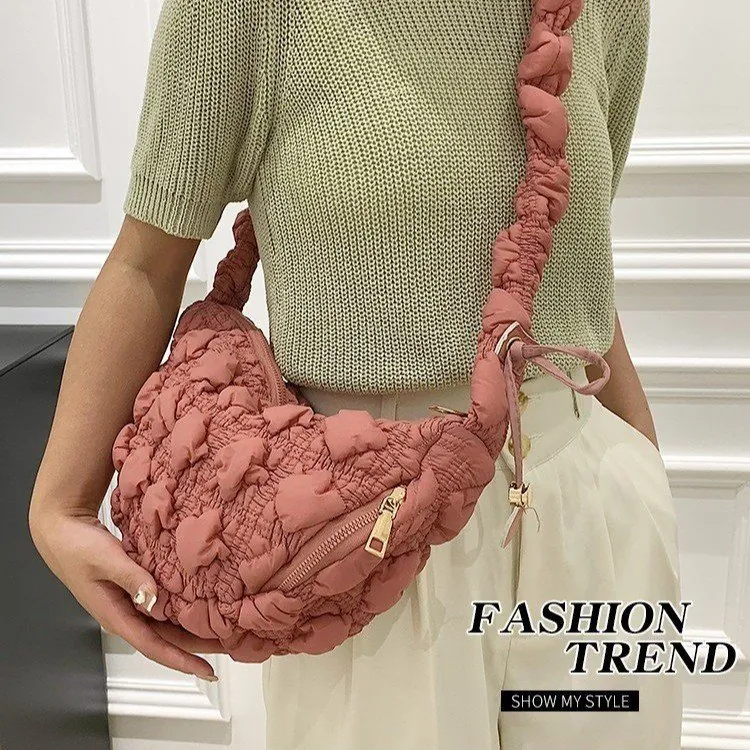 Women Puffy Bubble Shoulder Bag Pleated Cloud Bag Down Filled Padded Dumpling Crossbody Bag Scuba Fabric Fashion Handbag