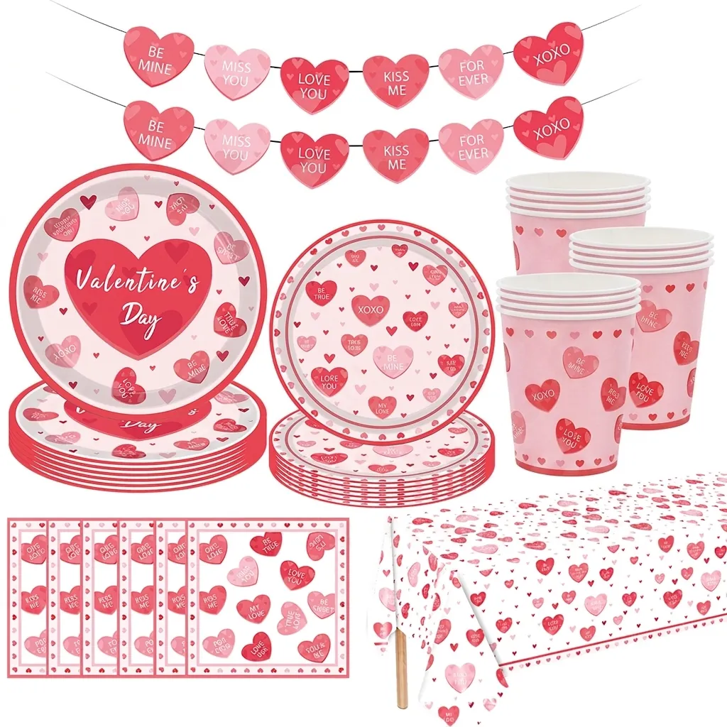 Pink Heart Valentine's Day Disposable Tableware Set Paper Plates Cups Napkins Tablecloth Banner Party Decoration Supplies