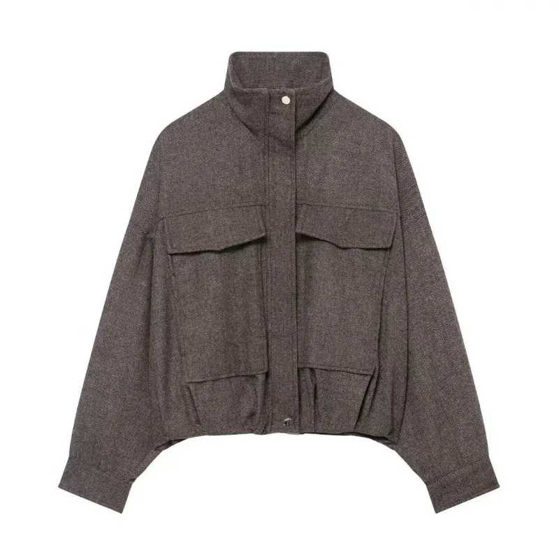 Women's Casual Loose Herringbone Bomber Jacket Autumn Winter Stand Collar Oversized Cargo Outwear Top