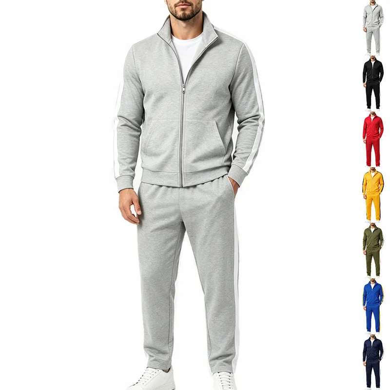 Men Sporty Contrast Stripe Tracksuit Top And Bottom Stand Collar Zipper Jacket Jogger Pants Knitted Polyester Casual Sportswear