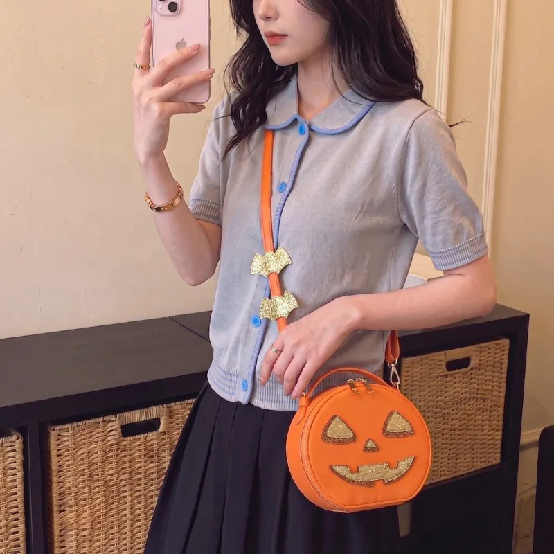 Halloween Creative Pumpkin Shape Crossbody Bag For Women Funny Orange PU Leather Shoulder Bag With Bat Decoration Large Capacity Party Handbag