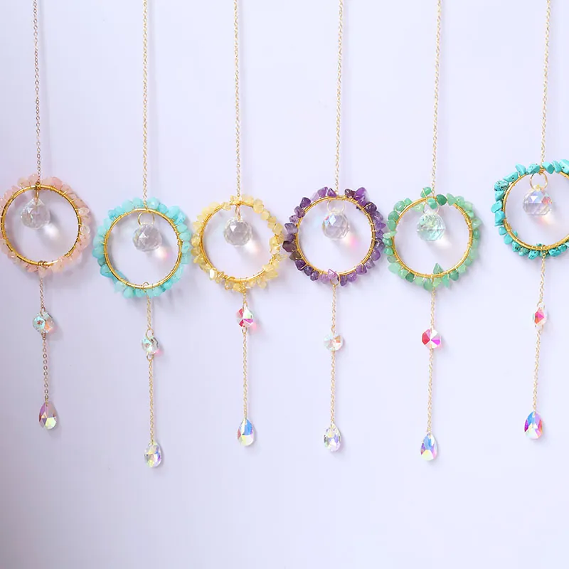 Boho Crystal Suncatcher Moon Star Wind Chime Pendant Natural Raw Stone Handmade Hanging Ornament Home Garden Decor Rainbow Maker