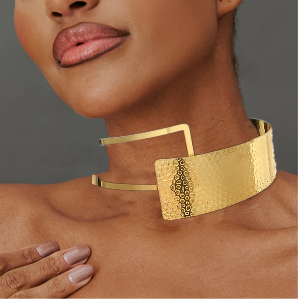 Übertriebene Metallic Gold Choker Halskette Und Breite Manschette Armband Für Damen Statement Gehämmert Wabenstruktur Legierung Schmuck