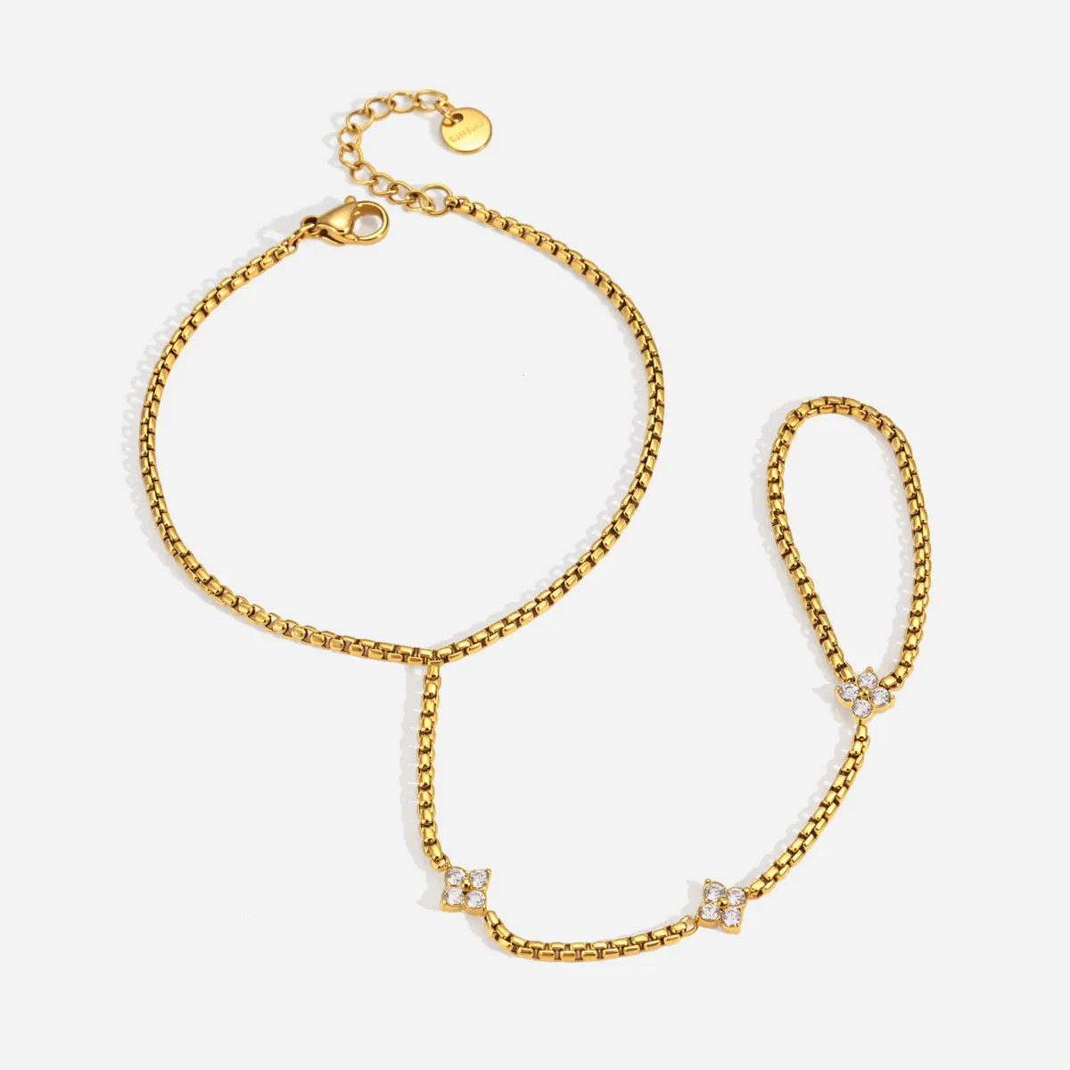 Bracelet de Main en Acier Inoxydable Plaqué Or 18K pour Femme Design de Barre Géométrique Zirconia Bracelet Relié à la Bague Bijoux de Mode