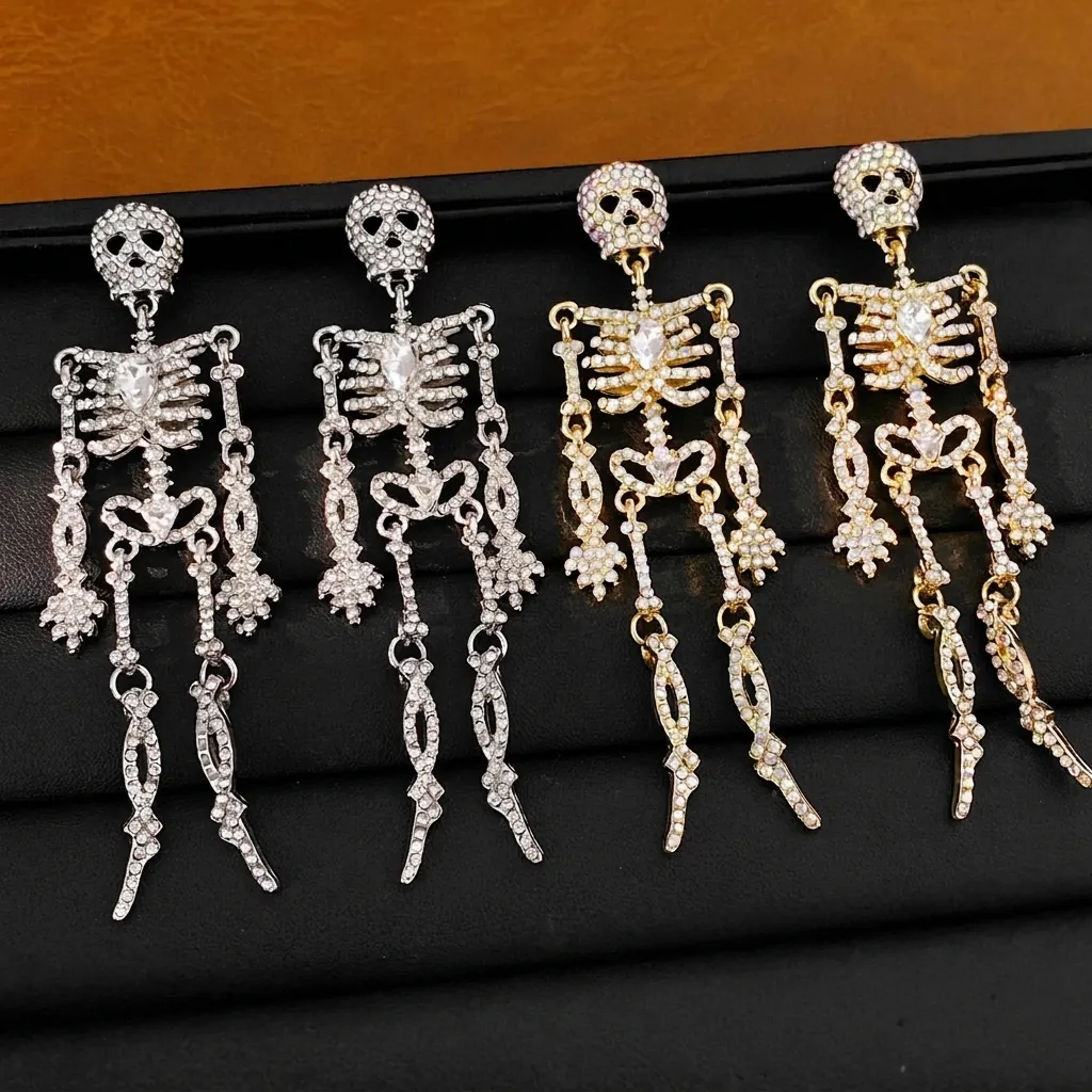 Übertriebene Legierung Strass Skelett Quaste Ohrstecker Für Damen Gothic Punk Stil Schmuck Totenkopf Ohrringe Mit Silberstift