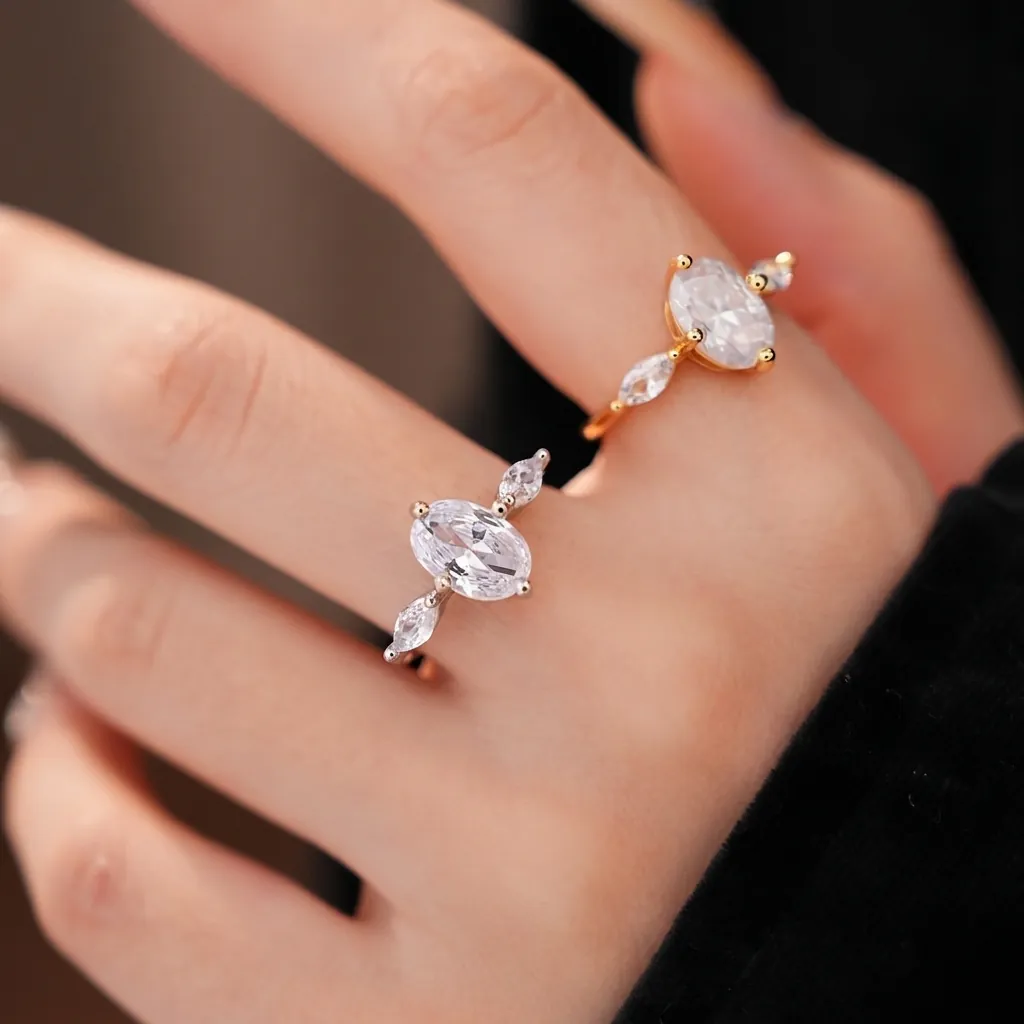 Luxus 18K Gold Vergoldet Zirkonia Oval Offener Ring Für Damen Elegant Geometrisch Zirkon Mode Schmuck Verstellbarer Fingerring Geschenk