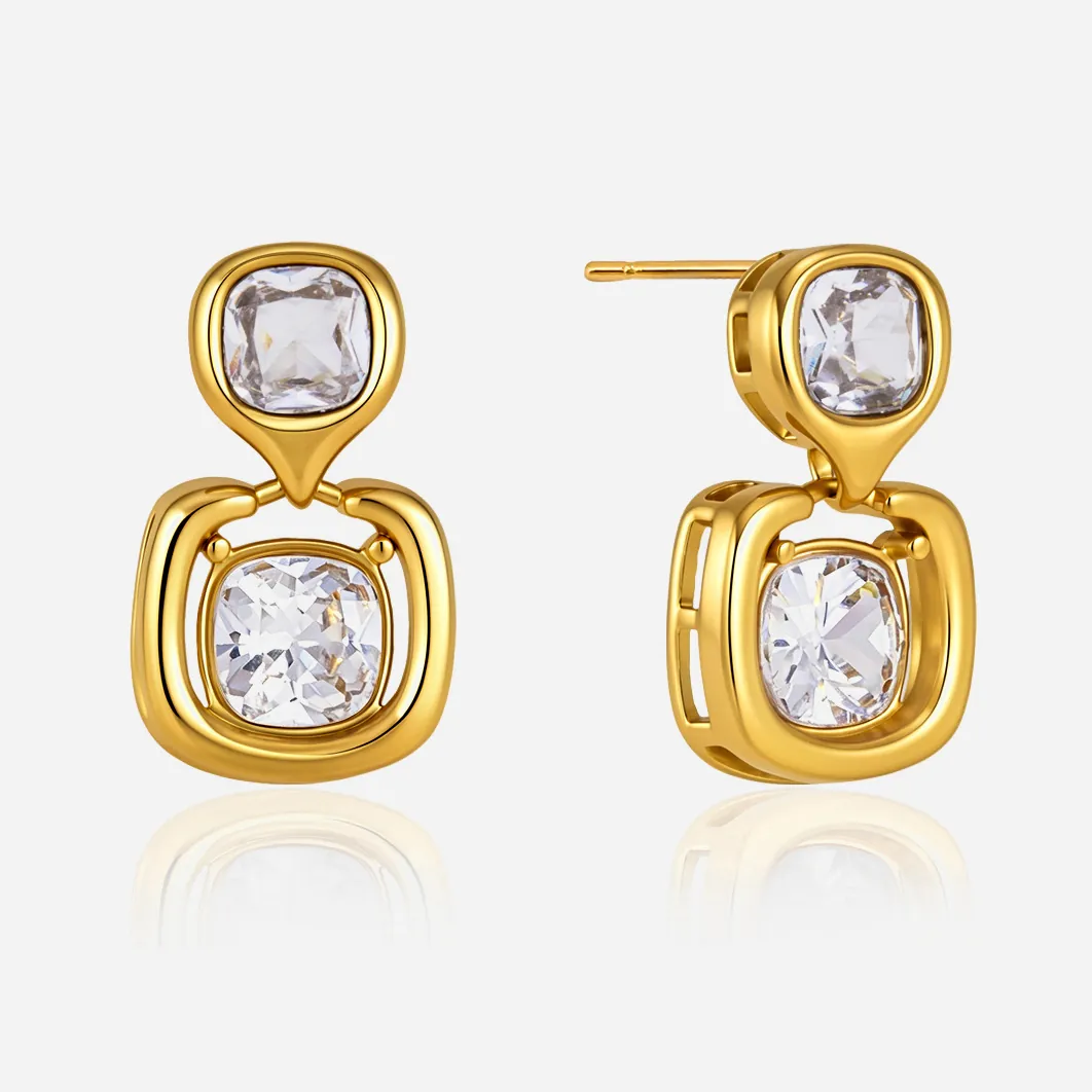 Luxuriöse Edelstahl Quadratische Tropfen Ohrringe Für Damen Gold Überzogen Geometrische Strass Bewegliche Anhänger Ohrstecker Modeschmuck
