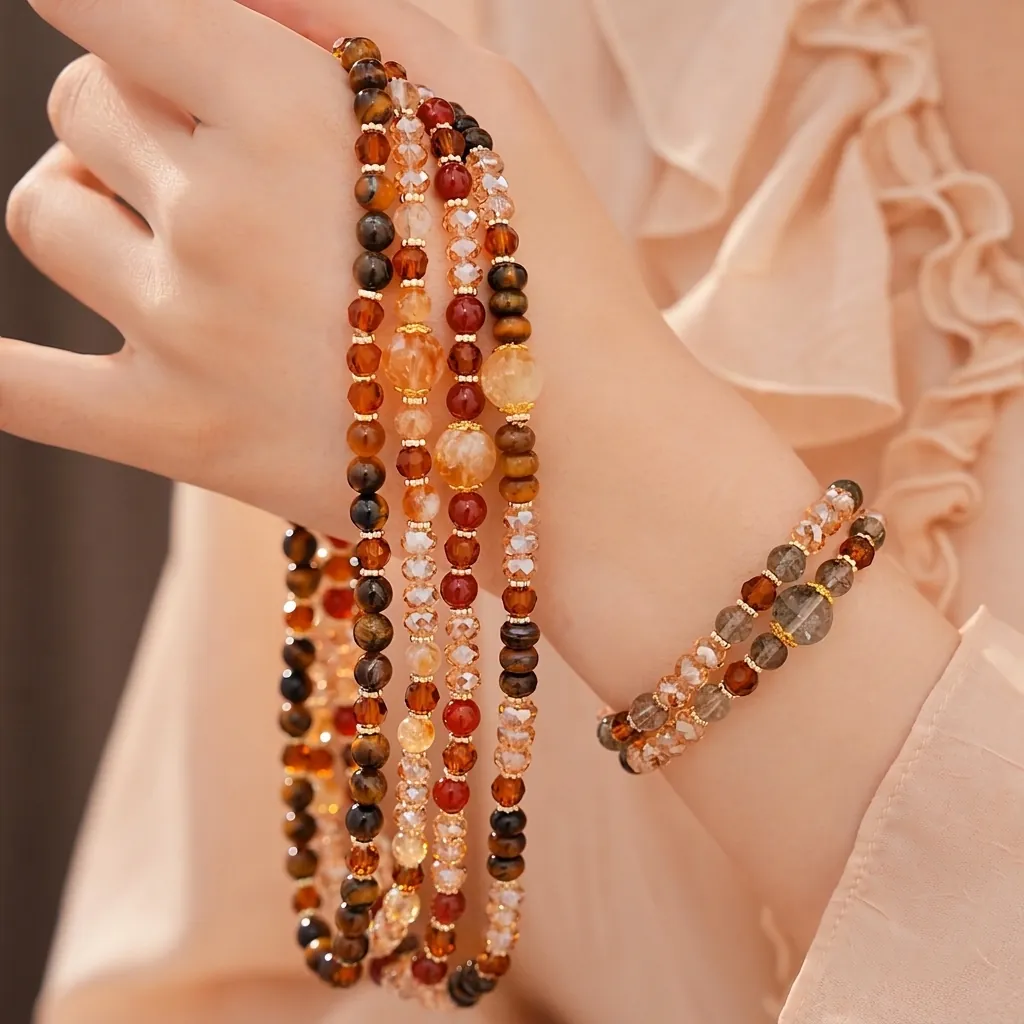 Pulsera Apilada Vintage de Piedra Ojo de Tigre y Cuentas de Vidrio para Mujer Estilo Maillard Cobre Chapado en Oro Joyería de Mano