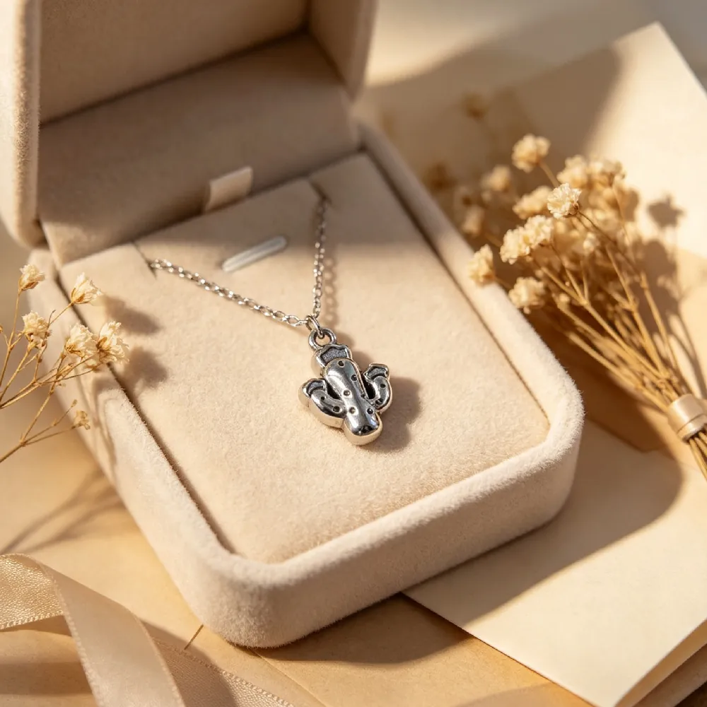 Collier Pendentif Cactus Créatif pour Femmes en Acier Inoxydable Chaîne Clavicule Plante du Désert Bijoux de Mode Cadeau