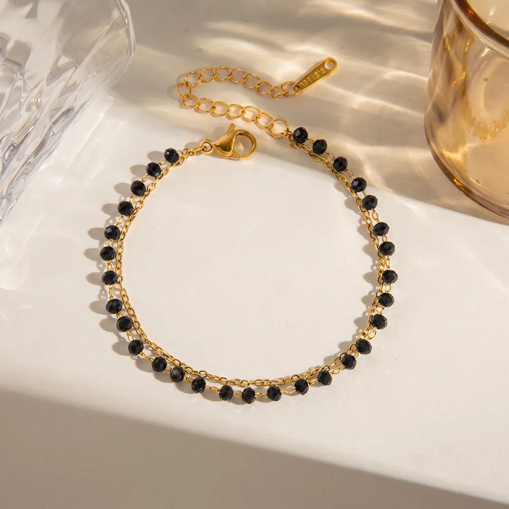 Bracelet en Acier Inoxydable Style Français pour Femmes Plaqué Or 18K Géométrique Multicouche Strass Noir Perle Mode Chaîne de Poignet Bijoux Cadeau
