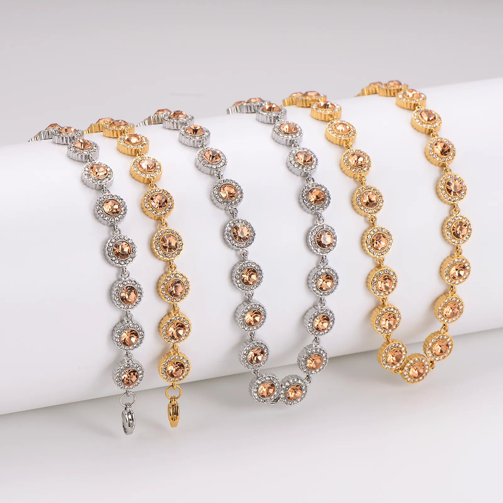 Glänzende Geometrische Champagner Strass Edelstahl Halskette Und Armband Für Damen Elegantes Schmuckzubehör