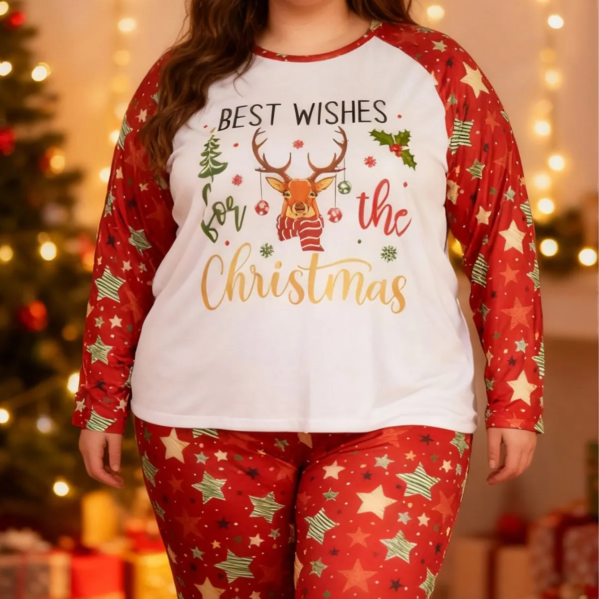 Women Plus Size Christmas Pajamas Set Reindeer Star Printed Long Sleeve Top And Bottom Festive Sleepwear Polyester Home Wear