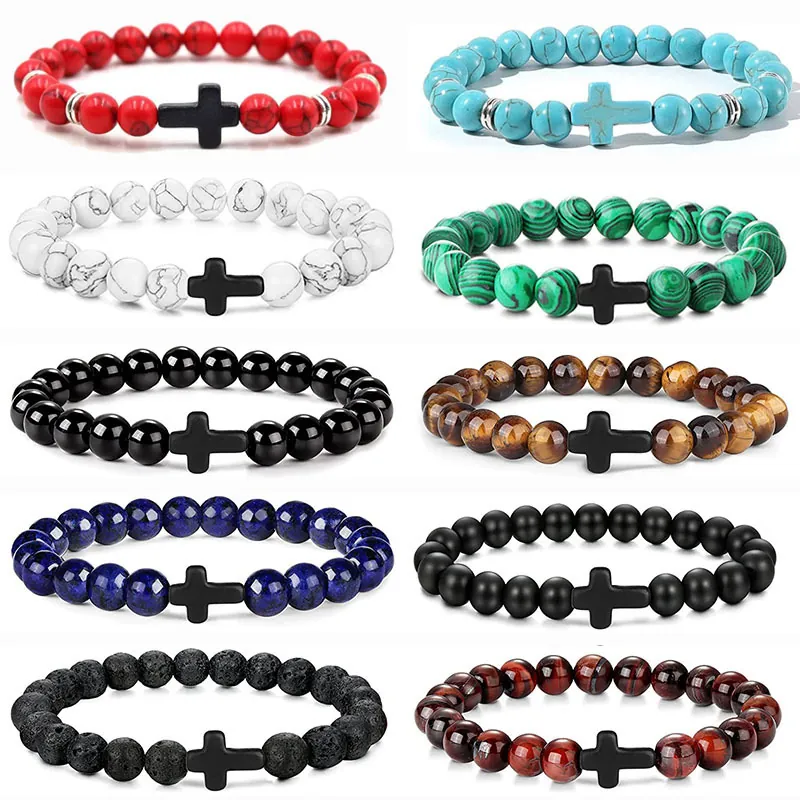 Naturstein Perlen Armband Kreuz Anhänger Für Herren Damen Tigerauge Lavastein Türkis Achat Stretch Retro Handgefertigt Sport Schmuck Geschenk