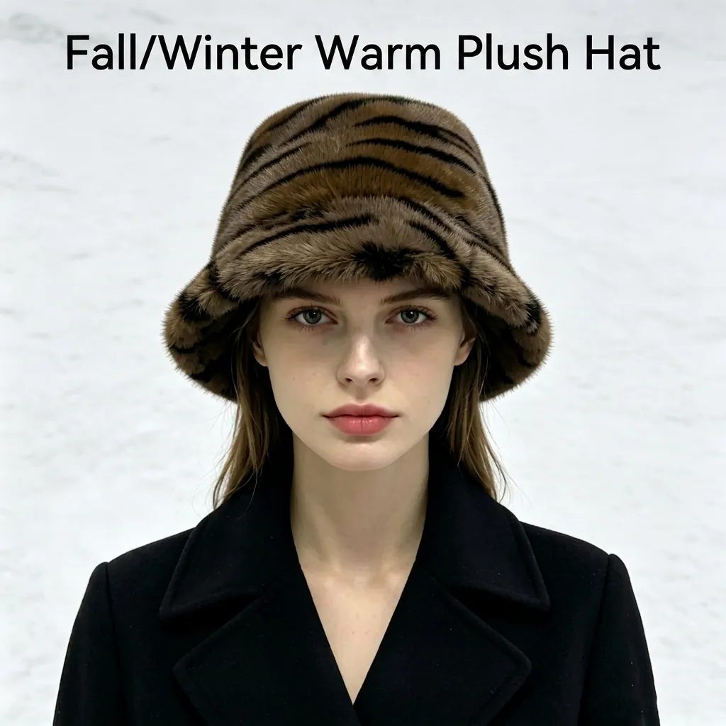 Chapeau Cloche Mode Femme Imprimé Tigre Fausse Fourrure Hiver Épais Chaud Peluche Chapeau de Pêcheur Motif Animal Plein Air