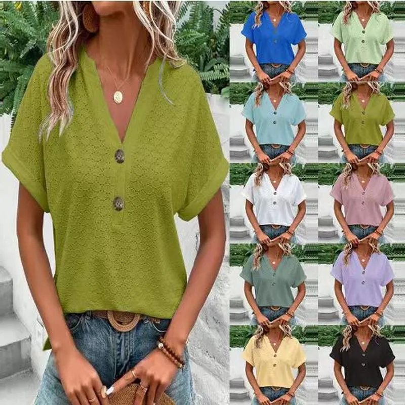 Women Casual V-Neck Button T-Shirt Short Sleeve Hollow Out Jacquard Loose Fit Summer Top Fashion Plain Color Breathable Basic Top