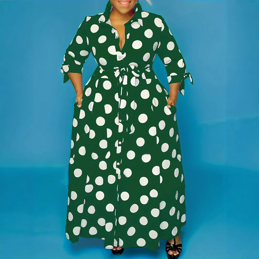 Robe Chemisier à Manches Longues Imprimée à Pois Pour Femmes Grande Taille Robe Longue Élégante Avec Ceinture