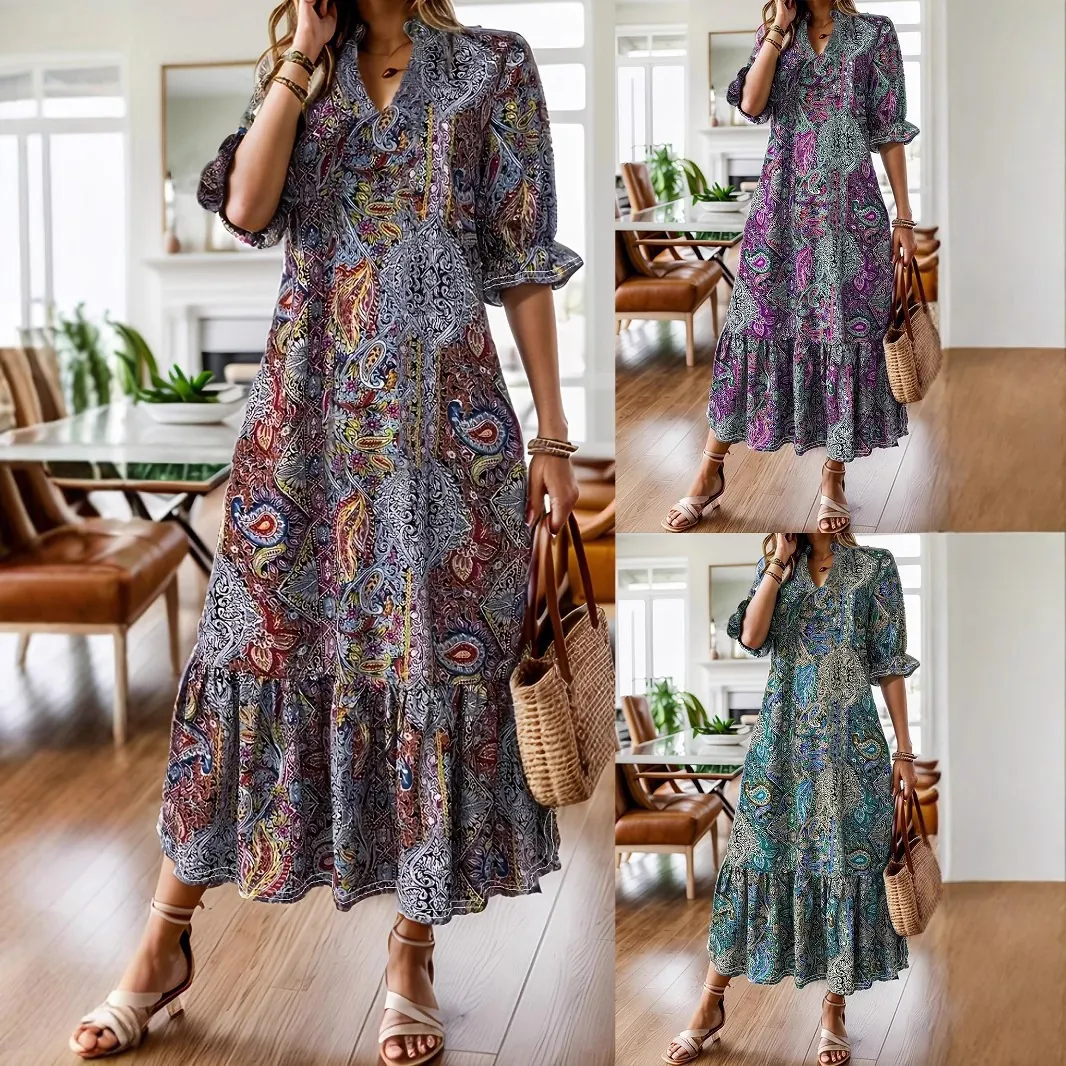 Robe Bohème pour Femme Imprimé Paisley Col en V Ourlet Irrégulier Coupe Slim Manches Volants Streetwear Ethnique