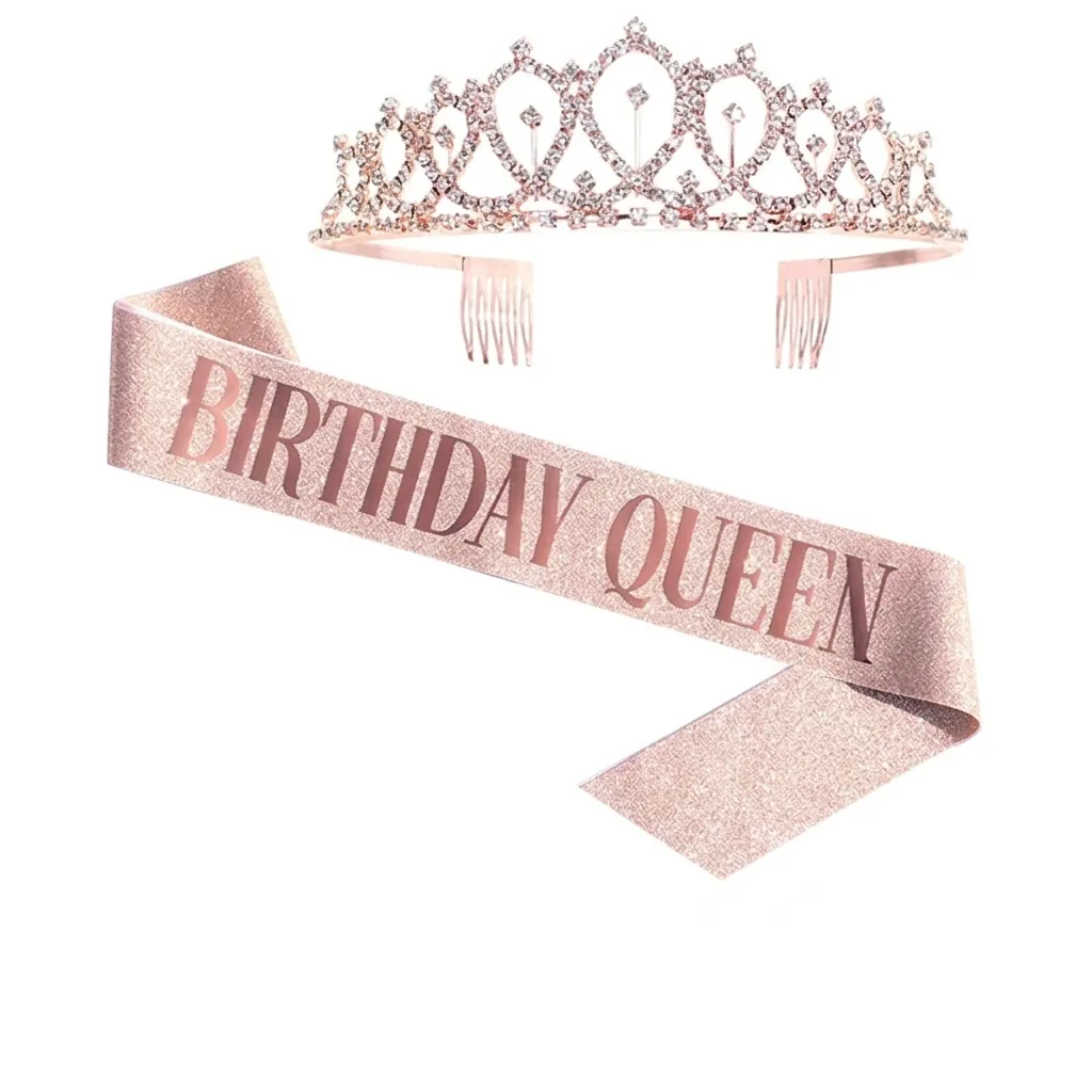 Écharpe de Reine d'Anniversaire à Paillettes Et Diadème en Strass Rose Gold Écharpe de Fille d'Anniversaire Et Couronne en Cristal pour Décorations de Fête