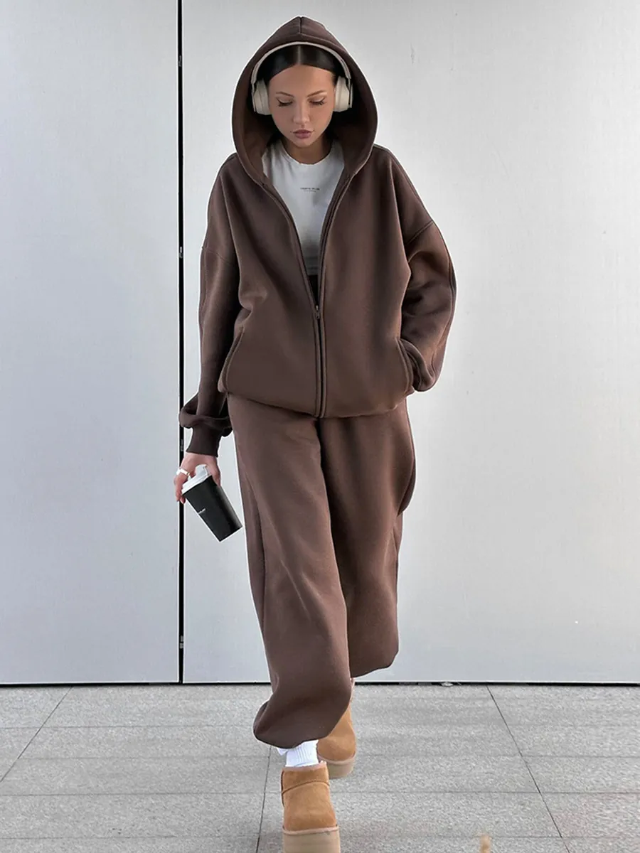Women Top And Bottom Hooded Zip Up Sweatshirt And Pants Set Solid Color Loose Fit Casual Oversized Tracksuit Polyester Loungewear