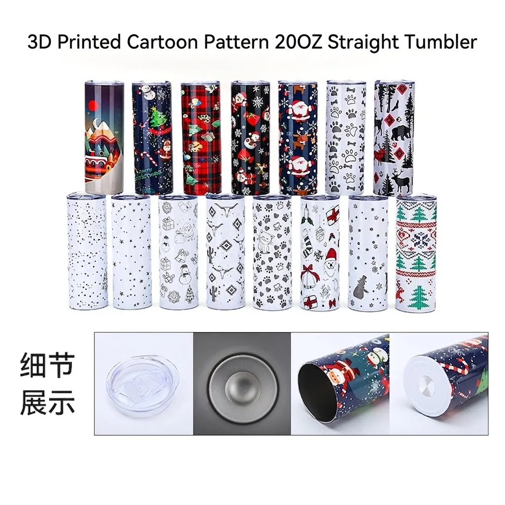 304 Stainless Steel Vacuum Insulated Straight Tumbler With Lid Portable 3D Printed Cartoon Christmas Reindeer Travel Mug