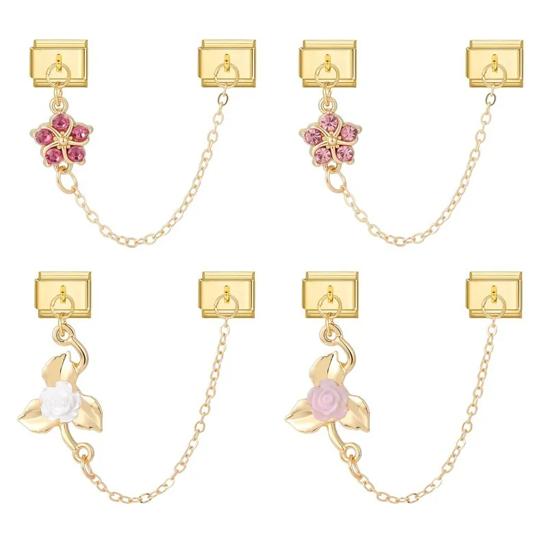 Stainless Steel Gold Plated Italian Modular Charm Floral Rose Rhinestone Pendant DIY Bracelet Jewelry Accessory For Women