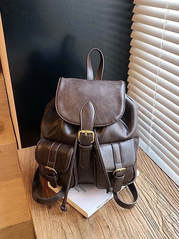 Mochila de Cuero PU Retro para Mujer Moda Multibolsillo Estilo Coreano Bolsa de Viaje Escolar Alta Calidad Marrón Negro