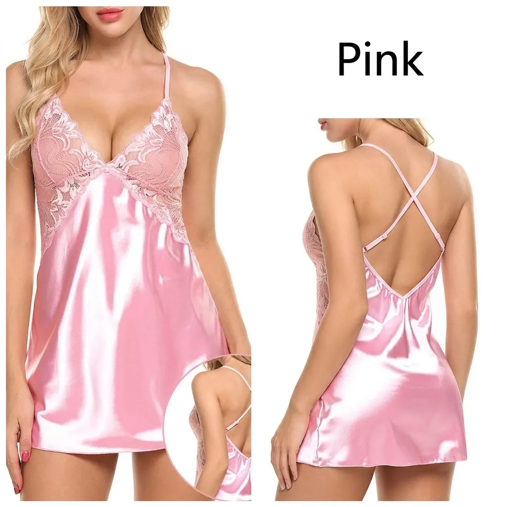Women Sexy Lace Satin Nightgown Criss-cross Back V-neck Sleepwear Dress Polyester Satin Lingerie For Women Home Wear