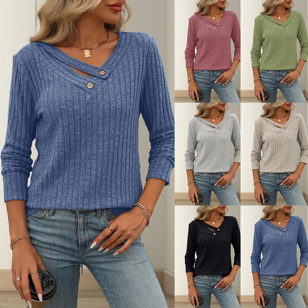Damen Casual V-Ausschnitt Rippstrick Oberteil Langarm Einfarbig Slim Fit Pullover Mit Zierknöpfen Minimalistisches Top