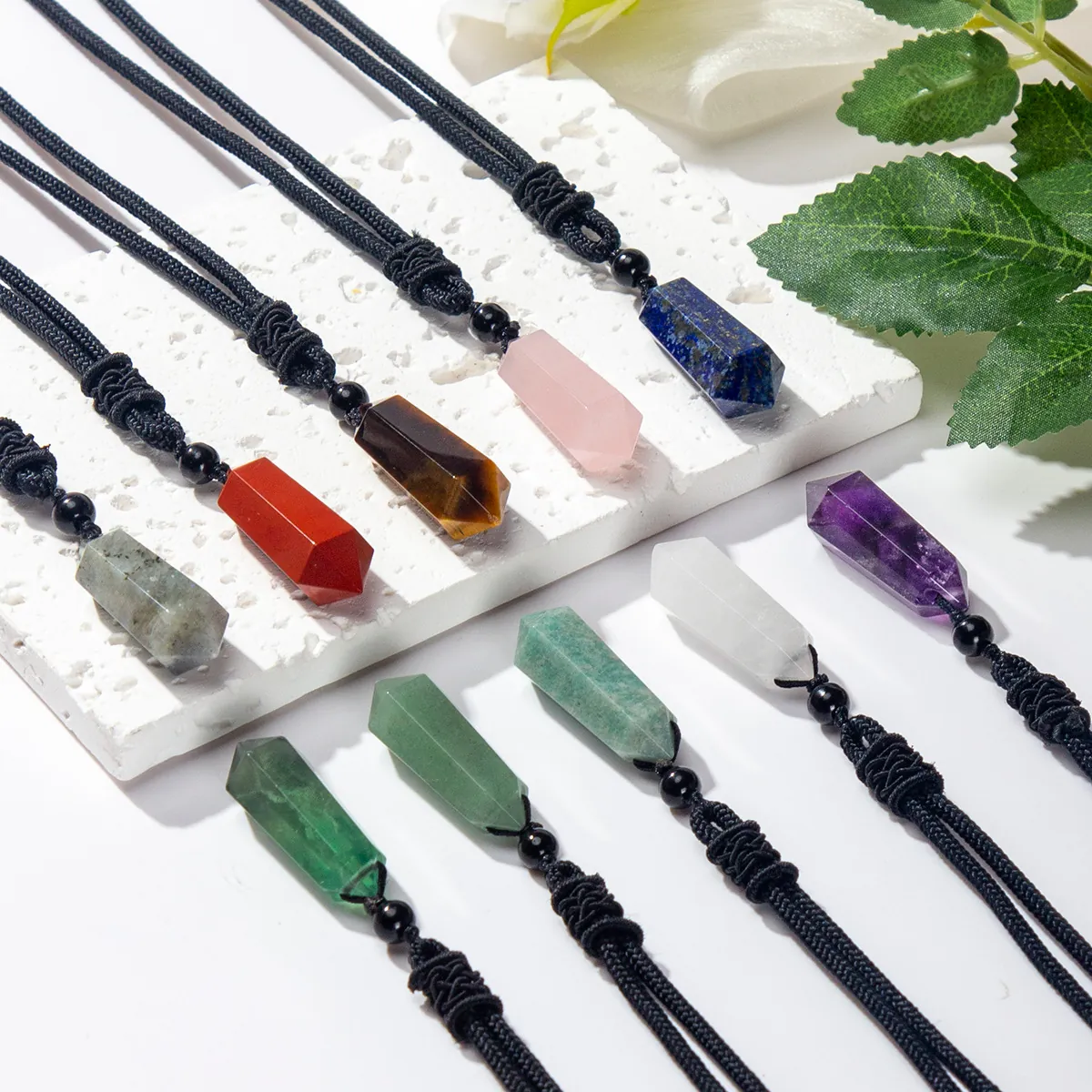 Naturstein Sechseckige Säule Anhänger Halskette Kristall Spitze Lapis Lazuli Rosenquarz Amethyst Heilung Schmuck Für Damen Herren