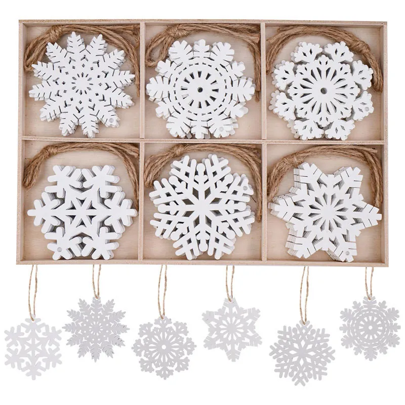 Witte Kerst Sneeuwvlok Hangende Ornamenten DIY Graffiti PVC Sneeuwvlok Met Houten Opslag En Hennep Touw Voor Kerstfeest Huis Decoratie