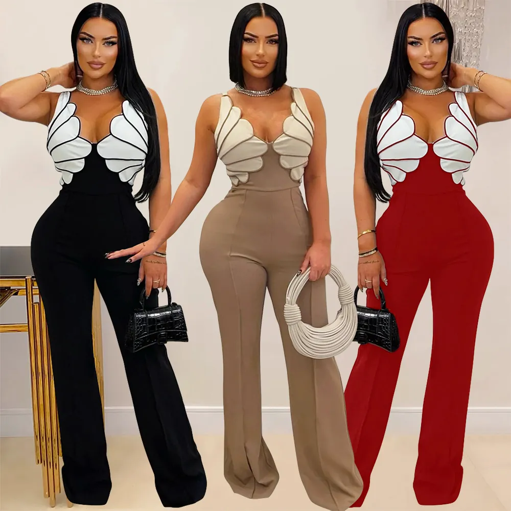 Combinaison Femme Sexy Col en V Sans Manches Polyester Élasthanne Patchwork Décoration Aile Coupe Ajustée Jambe Large Pantalon Long Soirée