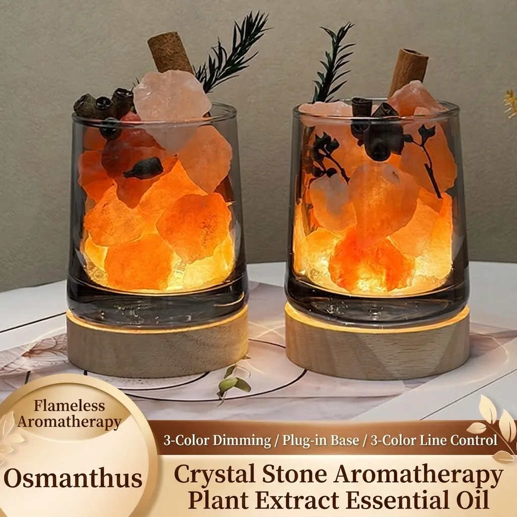 Flame-Free Aroma Diffuser Night Light With Natural Crystal Stones And Wood Base Dimmable Essential Oil Diffuser Home Decor Gift