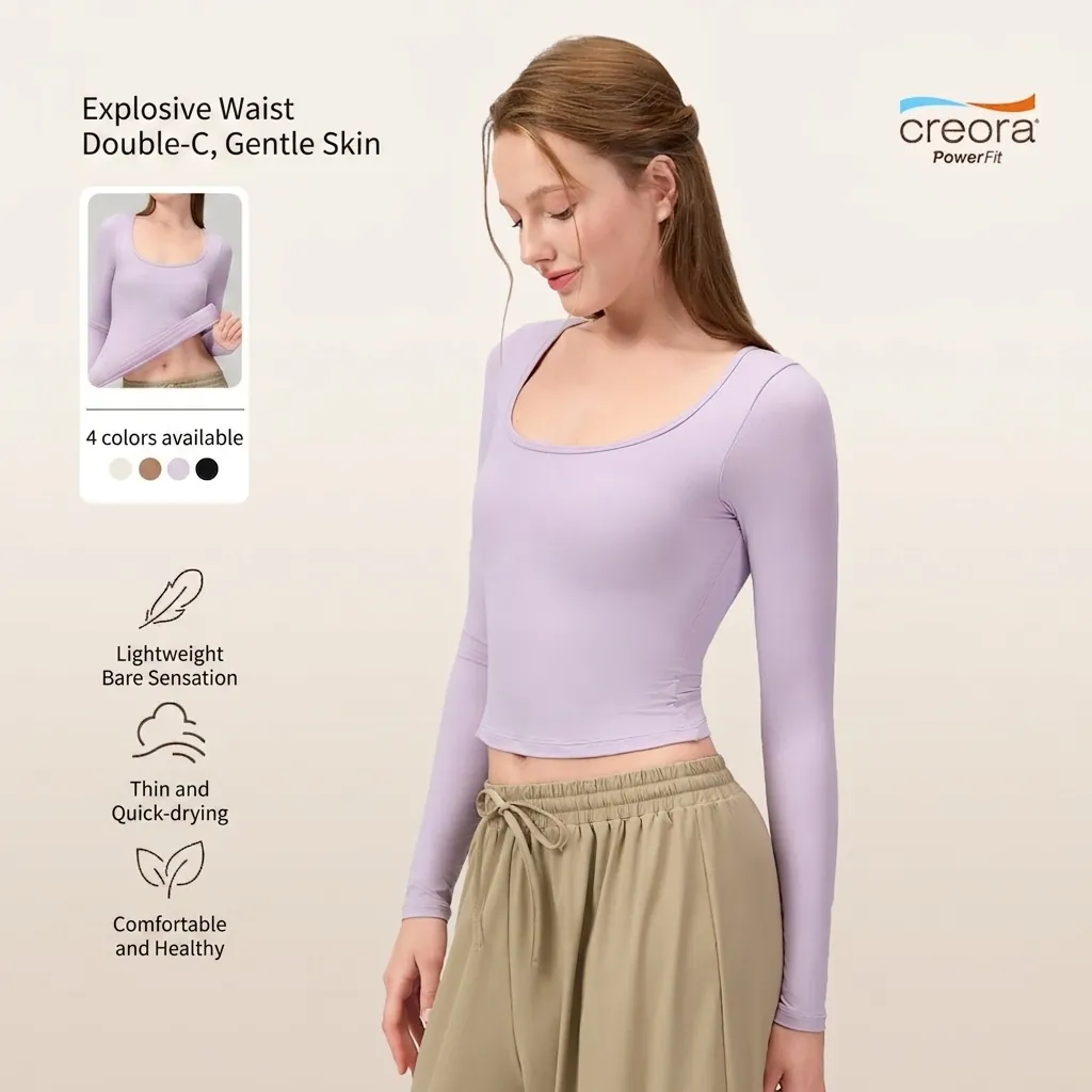 Women Slim Fit Long Sleeve Yoga Top With Built-in Bra U Neck Breathable Sports Athletic Shirt Running Gym Workout Top
