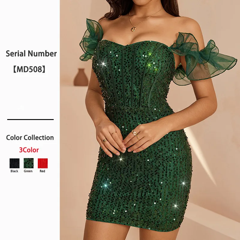 Sexy Off-The-Shoulder Sequined Mini Dress For Women Elegant Ruffle Bodycon Party Dress Polyester Banquet Evening Dress