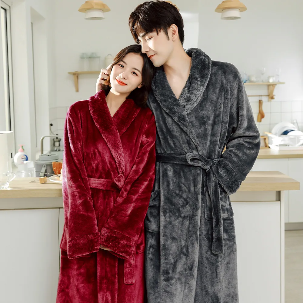 Winter Dik Flanellen Ochtendjas Voor Koppels Lange Warme Fleece Nachtkleding Met Zakken En Gordel Kimono Badjas Robe