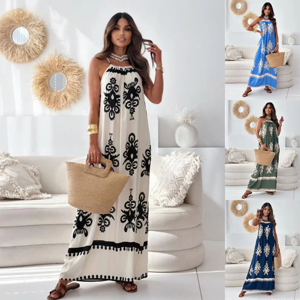 Damen Bohemian Blumenmuster Halfter Ausschnitt Rückenfrei Maxi Kleid Ethno Stil A-Linie Ärmellos Sommer Urlaub Sommerkleid