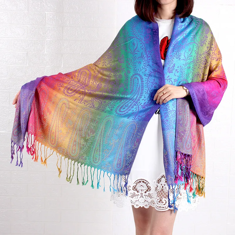 Women's Ethnic Paisley Jacquard Scarf Rainbow Gradient Tassel Shawl Cotton Linen Summer Air Conditioning Long Wrap Accessory