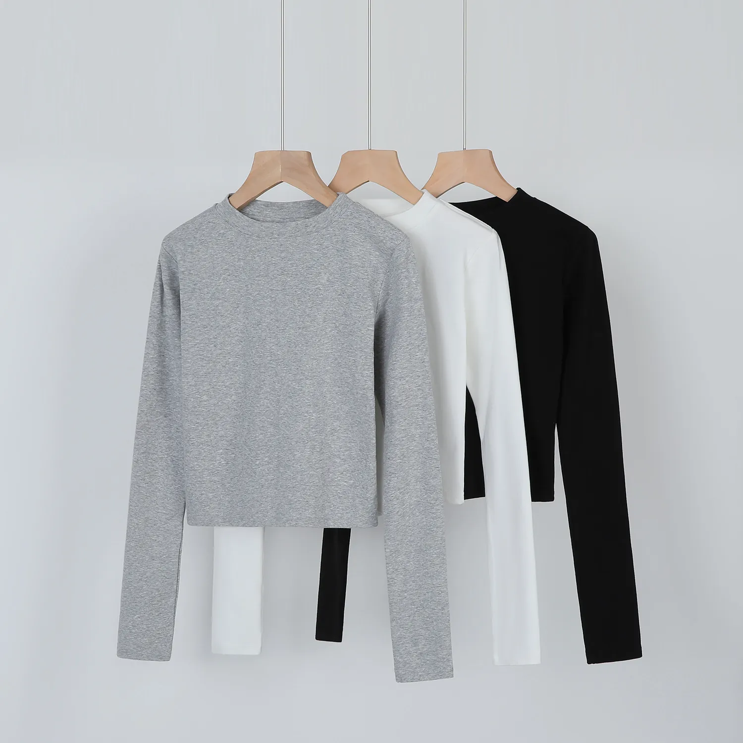 American Style Slim Fit Long Sleeve Crop Top Round Neck Solid Color Heavyweight Cotton T-Shirt For Women Autumn Commuter