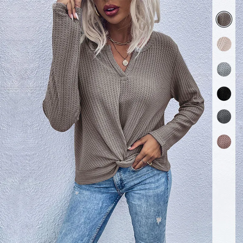 Women Casual Waffle Knit V Neck Long Sleeve Top Pullover With Twist Knot Detail Minimalist Solid Color Knitwear Clothing