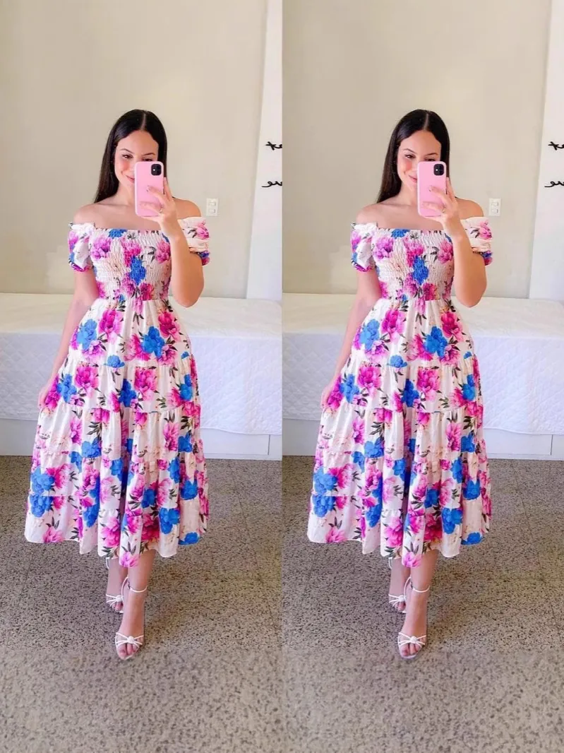 Women's French Sweet Floral Printed Off-Shoulder Midi Dress Tiered Cake Skirt Smocked Summer Boho Party Maxi Dress