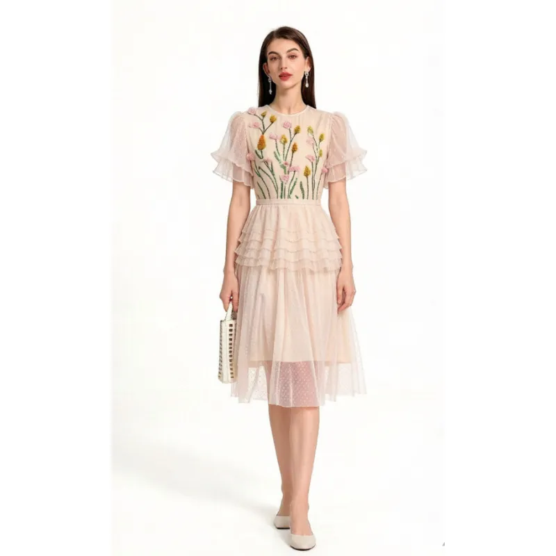 Women Luxury Mesh Embroidered 3D Sequin Flower Patchwork Ruffle Sleeve Layered Cake Midi Dress For Party Banquet Event