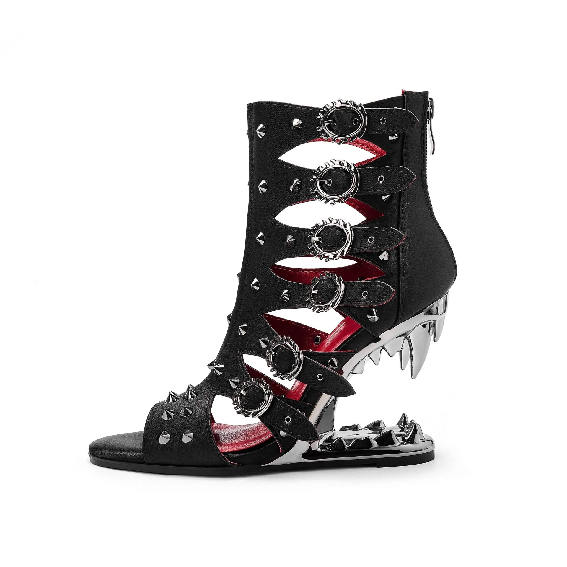 Femmes Style Punk Ajouré Bout Ouvert Bottes Sandales Cloutées Talon Unique Dent de Monstre Fermeture Éclair Arrière Gothique Noir Talons Hauts