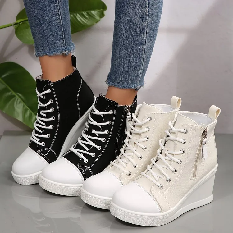 Women Casual Canvas High Top Wedge Sneakers Side Zipper Height Increasing Fashion Lace Up Platform Canvas Shoes For Daily Wear