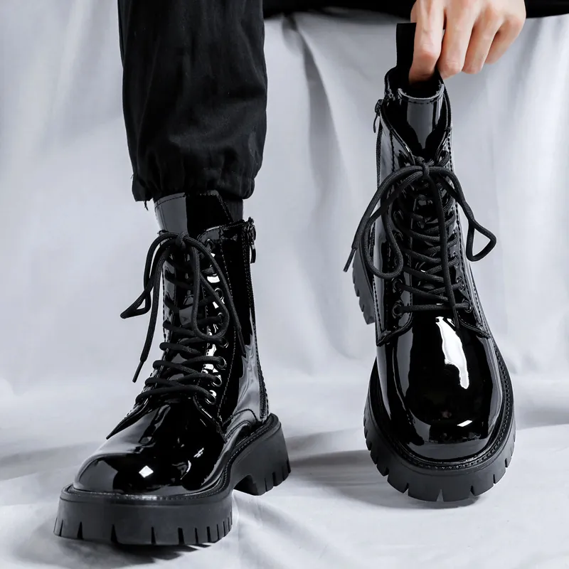 Men British Style Martin Boots Shiny Patent Leather High Top Motorcycle Boots Non-slip Thick Sole Side Zipper Work Shoes