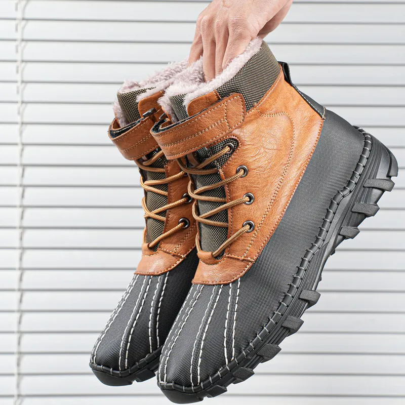 Herren Outdoor Wasserdichte Schneestiefel High Top Leder Entenstiefel Mit Rutschfester Gummisohle Fleece Gefütterte Winterschuhe