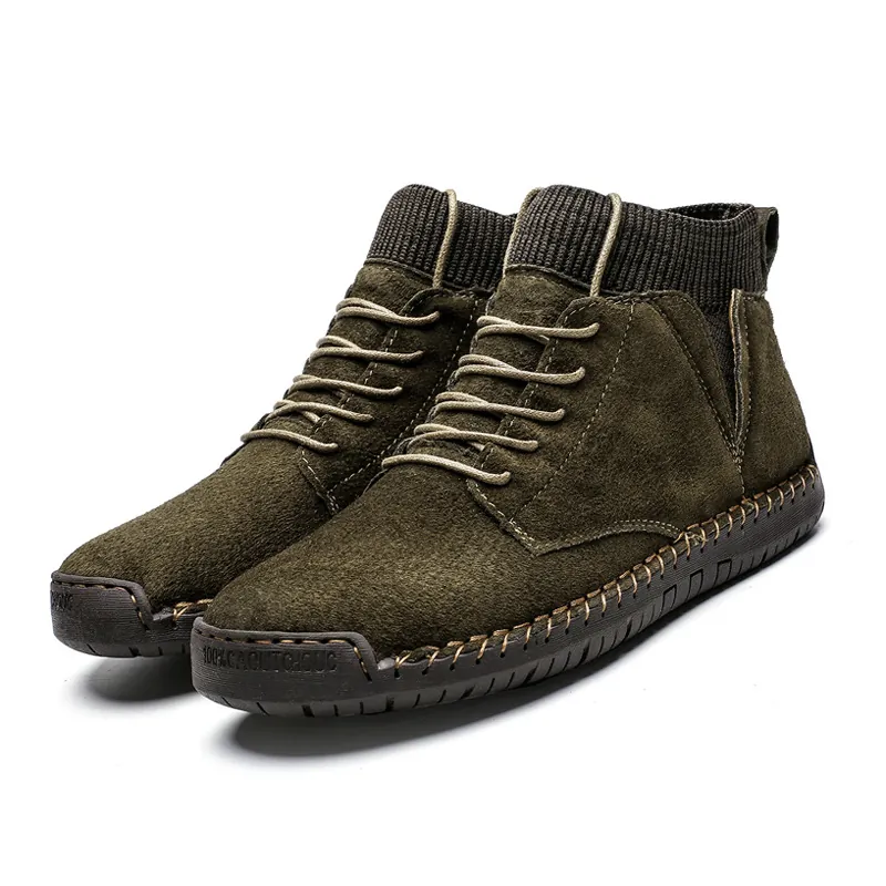 Men's High-Top Casual Outdoor Shoes Suede Rubber Sole Lace-Up Boots With Knit Collar Warm Fleece Lined Sneakers 7009