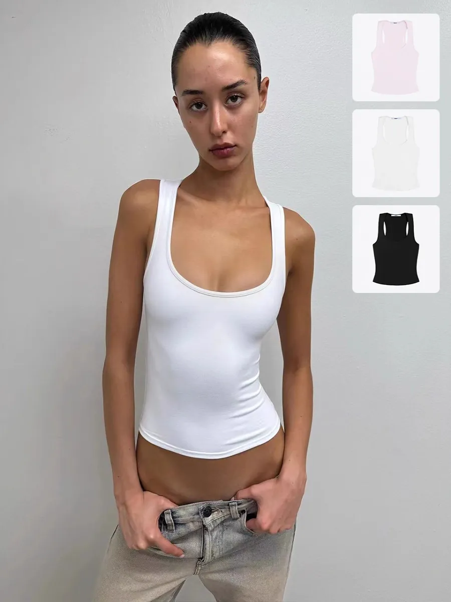 Women's Slim Fit Racerback Tank Top Wide Strap U-Neck Cropped Ribbed Knit Sporty Casual Sleeveless Top