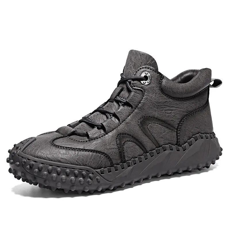 Men's Outdoor High Top Casual Boots Microfiber Leather Handmade Stitched Anti Slip Hiking Short Boots Warm Winter Shoes