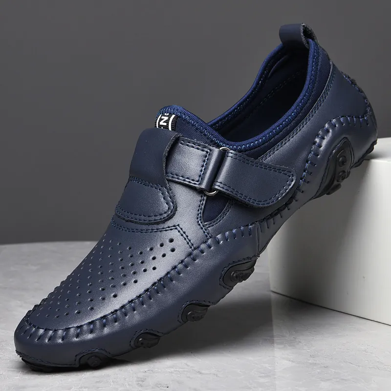 Men Perforated Leather Driving Shoes Slip On Loafers Breathable Soft Sole Casual Walking Shoes Daily Business Footwear