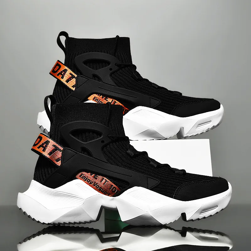 Men High Top Basketball Shoes Breathable Knitted Sock Sneakers Anti Slip Shock Absorbing Thick Sole Dad Shoes Sport Running Casual Streetwear